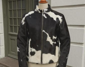 Echte Rindsleder Hair-On Lederjacke für Herren - Black & White Cow Print Western Biker Mantel.