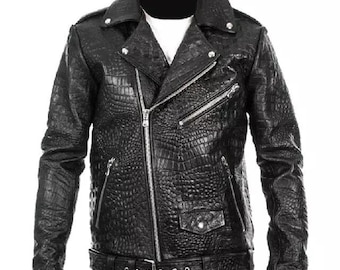 Handgefertigte Krokodil-Prägung aus echtem Leder Motorrad-Bikerjacke für Herren.