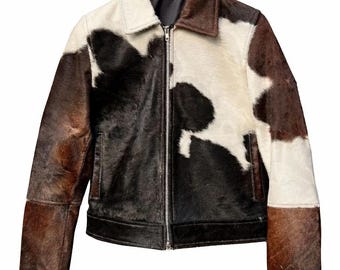 Lederjacke für Damen aus Rindsleder Pony-Haar - Western Biker-Mantel mit Kuh-Print.