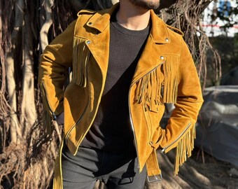 Braune Wildlederfransenjacke für Herren - Western Cowboy Motorrad Biker Stil.