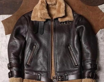 Herren Fliegerjacke aus braunem Leder mit künstlichem Shearling-Futter - klassischer Bomber-Fliegermantel