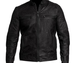 Herren Vintage Cafe Racer Motorradjacke - Distressed Black Echtleder Bikerjacke.