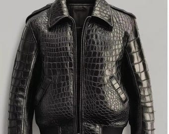Herren Schwarz Echtleder Krokodilhaut Geprägte Bikerjacke | Alligator Muster Motorradjacke