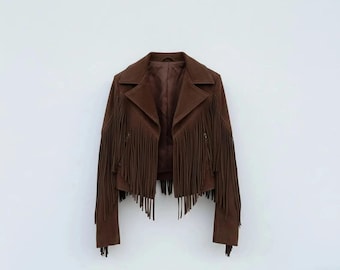 Handgefertigte braune Wildleder Fransen Lederjacke - Western Cowgirl Boho Mantel, Vintage Style Festival Oberbekleidung.