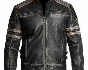Herren Vintage Motorrad Cafe Racer Biker Schwarz Echtlederjacke.