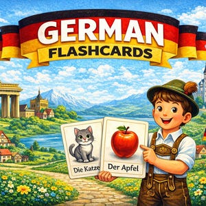 May include: Illustration of German flashcards with a boy holding cards depicting a cat and an apple. The background features German landmarks, a flag, and the text "GERMAN FLASHCARDS".
