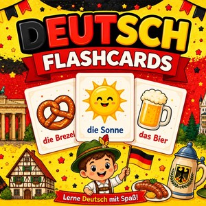Pode incluir: Um conjunto de cartões educativos intitulado DEUTSCH FLASHCARDS com ilustrações de um pretzel, sol e caneca de cerveja com as etiquetas die Brezel, die Sonne e das Bier. O fundo mostra o Portão de Brandemburgo e o castelo de Neuschwanstein.