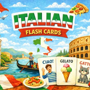 Puede incluir: Ilustración colorida de tarjetas didácticas italianas con monumentos icónicos como la Torre de Pisa y el Coliseo. Las tarjetas presentan palabras e imágenes italianas, incluyendo "Ciao!", "Gelato" y "Gatto". También se representan una góndola, una porción de pizza y la bandera italiana.