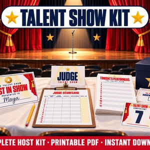 May include: A talent show kit featuring a Best in Show award sign, a judge scorecard on a clipboard, a yellow pencil, a Tonight's Performers list, a blue ballot box with a gold star, Audience Choice cards, and a contestant number 7 sign.