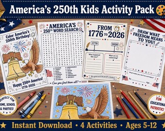 America 250th Birthday Kids Activity Pack Printable | Semiquincentennial Coloring Page | Instant Download | 1776-2026 Kids Activities