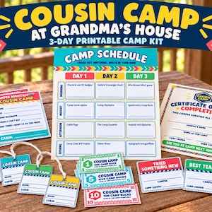 May include: A printable Cousin Camp at Grandma's House 3-day camp kit featuring a camp schedule, camper registration forms, award cards, and play money. The set includes colourful tags with twine, a certificate of completion, and activity sheets.