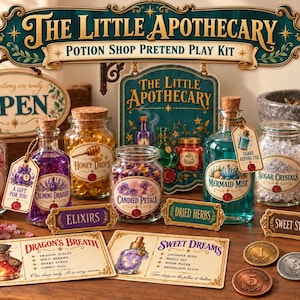 May include: A potion shop pretend play kit featuring glass jars with cork stoppers labeled Rose Sugar, Calming Draught, Honey Drops, Candied Petals, Mermaid Mist, Sugar Crystals, and Berry Syrup, plus recipe cards, signs, and metal coins.