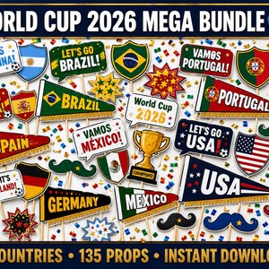 Ensemble MEGA d'accessoires pour photomaton pour la Coupe du monde 2026 | 9 pays 135 accessoires | Pack organisateur de montres FIFA 2026 | Imprimable à téléchargement immédiat