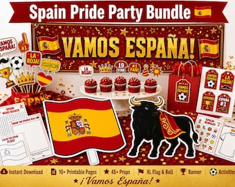 Spain Pride Party Bundle Printable | Vamos España | Instant Download | Banner 45+ Props Giant Flag Bull Bingo Kids Activity Cupcake Toppers