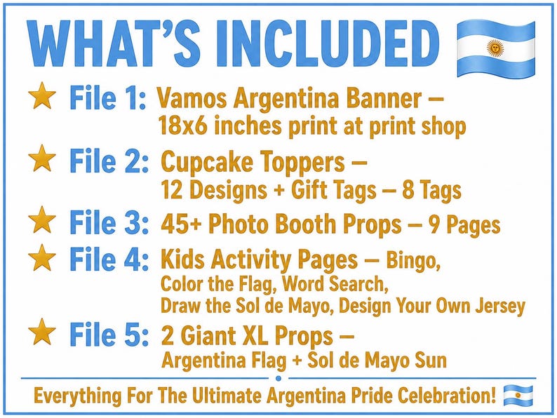 Argentina Party Bundle Printable | Vamos Argentina Pride Party | Instant Download | Banner Props Bingo Kids Activity Giant Flag Sol de Mayo image 8