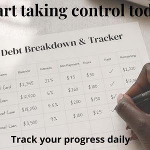 Puede incluir: Una hoja de desglose y seguimiento de deudas con el texto "Start taking control today" y "Track your progress daily". La hoja incluye columnas para el nombre de la deuda, el saldo, los intereses y los pagos. Una mano escribe en la hoja con un bol&iacute;grafo.