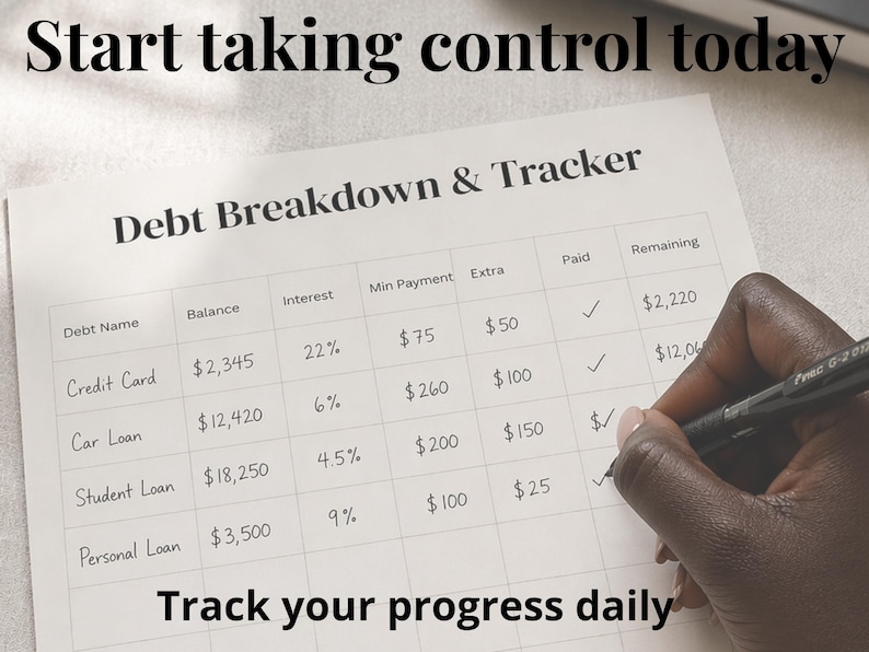 Puede incluir: Una hoja de desglose y seguimiento de deudas con el texto "Start taking control today" y "Track your progress daily". La hoja incluye columnas para el nombre de la deuda, el saldo, los intereses y los pagos. Una mano escribe en la hoja con un bol&iacute;grafo.