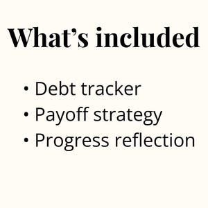 Puede incluir: Fondo color crema con el texto "What's included" en negrita y negro. Debajo, tres vi&ntilde;etas enumeran "Debt tracker", "Payoff strategy" y "Progress reflection" en negro.