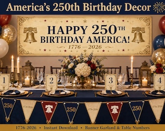 Banner para imprimir do 250º aniversário dos Estados Unidos | Decorações do Semiquincentenário (1776-2026) | Download instantâneo | Guirlanda patriótica para festa | Número de mesa