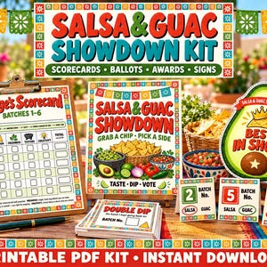 May include: A Salsa & Guac Showdown Kit featuring a clipboard with a Judge's Scorecard, a display sign, an avocado-shaped Best in Show award, and small batch number cards. The kit includes printed scorecards, ballots, and signs with colorful borders.