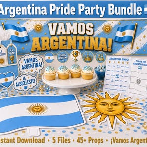 Argentina Party Bundle Printable | Vamos Argentina Pride Party | Instant Download | Banner Props Bingo Kids Activity Giant Flag Sol de Mayo image 1