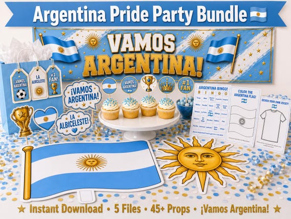 Argentina Party Bundle Printable | Vamos Argentina Pride Party | Instant Download | Banner Props Bingo Kids Activity Giant Flag Sol de Mayo