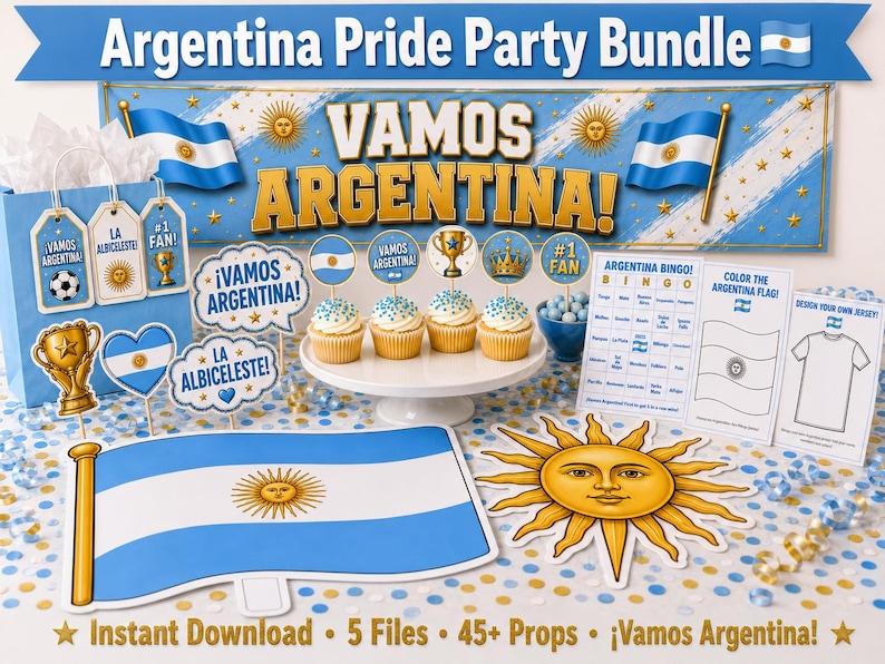 Argentina Party Bundle Printable | Vamos Argentina Pride Party | Instant Download | Banner Props Bingo Kids Activity Giant Flag Sol de Mayo image 1