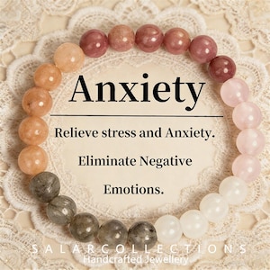 May include: A beaded bracelet with a variety of colored stones, including pink, peach, and gray. The word "Anxiety" is displayed above the bracelet, with text below reading "Relieve stress and Anxiety. Eliminate Negative Emotions."