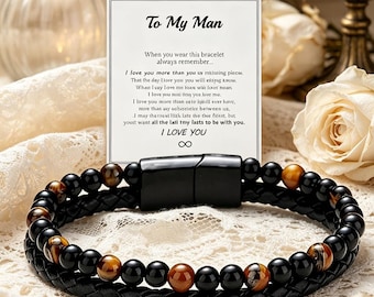 To My Man Personalized Blue Lava Stone Bracelet, Custom Engraved Tiger Eye Bead Bracelet, Romantic Keepsake for Him