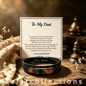 Personalized Tiger Eye Leather Bracelet, To My Dad Engraved Stainless Steel Men's Bracelet, Magnetic Clasp with Gift Card