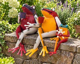 Coffee Break Frog Family – Funny Coffee Drinking Frog Garden Statues – Mom Dad & Baby Metal Frog Decor – Patio and Yard Ornament