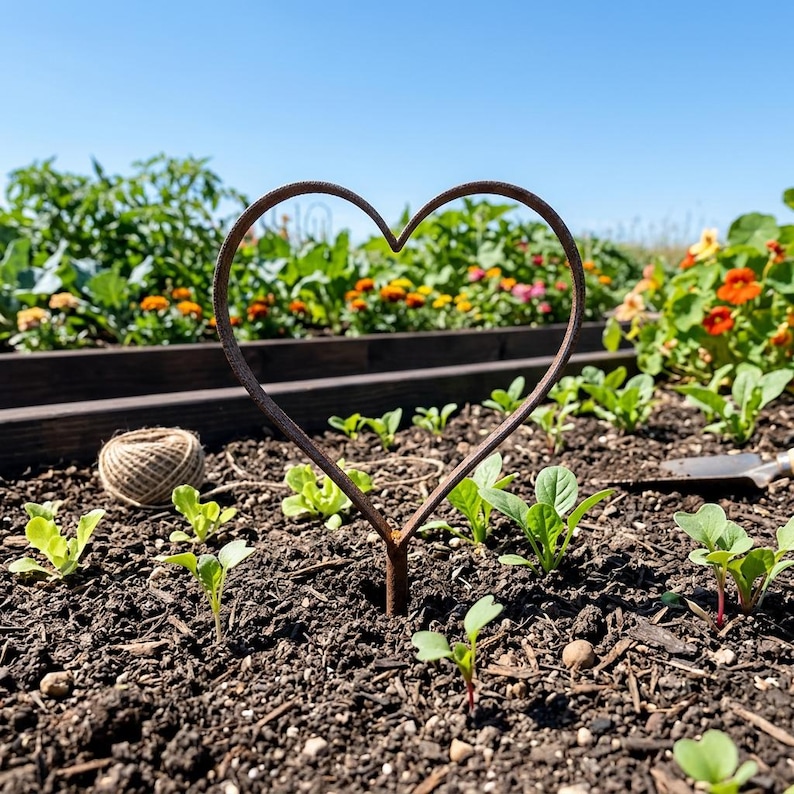 May include: A rustic metal heart-shaped garden stake stands in a garden bed filled with young plants. A ball of twine rests nearby. The background features a variety of flowers and greenery under a clear blue sky.