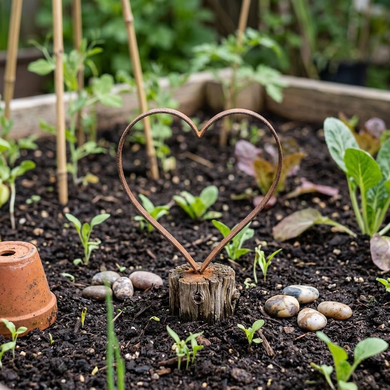 May include: A rustic metal heart garden stake, crafted from brown metal, is mounted on a small wooden stump. The heart-shaped decoration is set in a garden bed with dark soil, small plants, and pebbles. A terracotta pot is visible.
