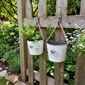 May include: Two distressed white metal hanging planters with a bird design, suspended from a wooden fence. Each planter is filled with greenery and suspended by a rope. The fence is made of weathered wood.