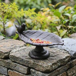 May include: A cast iron bird feeder shaped like a leaf, with a small bird perched on the edge. The feeder is filled with small, round seeds. The feeder is dark brown and sits on a stone wall.