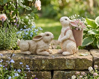 Rabbit Planter Statue – Bunny Garden Decor with Basket – Resin Outdoor Flower Pot Holder – Patio & Yard Ornament