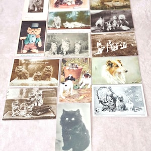 May include: A collection of rectangular vintage postcards featuring various illustrations and photographs of cats and dogs. The cards display diverse scenes including animals sitting, playing, and posing in outdoor and indoor settings with muted tones.