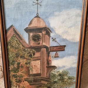 Original oljemålning: Abinger Hammer Clock Tower Landmark Art, S.E.J Justice 33,5 x 43,5 cm
