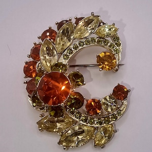 Signed EXQUISITE Statement Crescent Moon Brooch, Amber & Olivine Rhinestones, 1950s