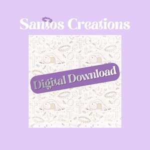 May include: A digital download graphic with a light purple background. The design features a repeating pattern of crosses, eggs, doves, and the text "He Is Risen." A purple banner with the text "Digital Download" is across the image. The text "Santos Creations" is at the top.