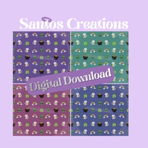 May include: A digital download graphic featuring four patterned backgrounds in purple, green, red, and blue. Each background has a repeating pattern of rainbows, beer mugs, shamrocks, and pots of gold. The text "Digital Download" is overlaid on the image.