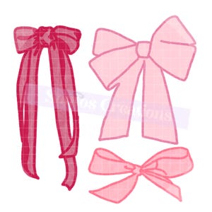 May include: Three pink bows in different styles are displayed against a white background. The bows vary in size and design, with one having long, flowing ribbons. The bows are a watercolor style, with a grid pattern overlay.