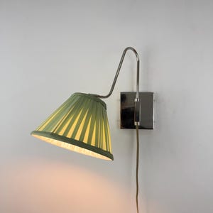 Handcrafted Brass Wall Sconce, Green Pleated Shade, Adjustable Bedside Light