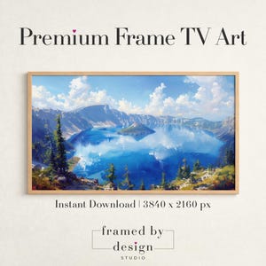 Puede incluir: Premium Frame TV Art con una pintura de paisaje de un lago azul profundo rodeado de montañas y árboles de hoja perenne bajo un cielo nublado. El texto dice Premium Frame TV Art, Instant Download 3840 x 2160 px, y framed by design STUDIO.