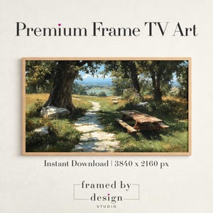 Picnic Table & Path Frame TV Art - Summer Rustic Landscape Art, Cottagecore Pastoral, Earthy Farmhouse Wall Decor, Digital Download 1501