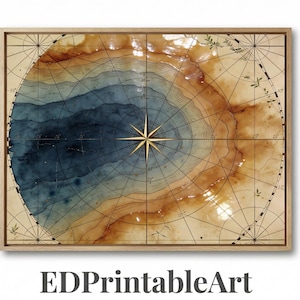 Puede incluir: Una impresión en acuarela enmarcada de un mapa náutico con una rosa de los vientos. El mapa presenta tonos de azul, marrón y beige, con una rosa de los vientos dorada en el centro. El texto "EDPrintableArt" está en la parte inferior.