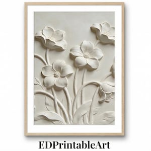 White Floral Bas Relief Sculpture, Textured Botanical Plaster Wall Art
