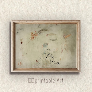 Puede incluir: Impresión artística abstracta en un marco de madera. La obra presenta una paleta de colores apagados con pinceladas beige, rojas y negras. El texto "EDprintable Art" está en la parte inferior del marco.