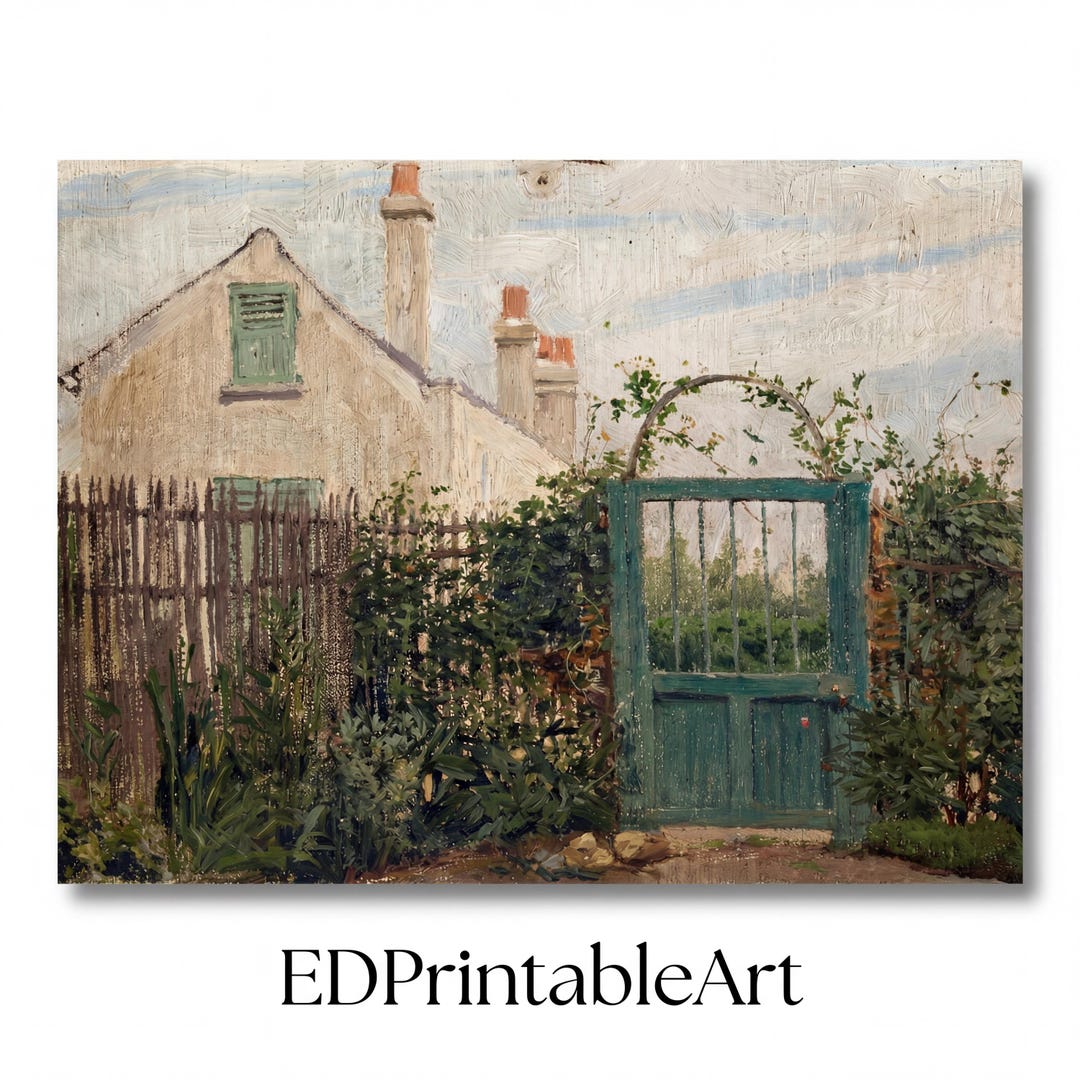 Vintage Cottage Garden Oil Painting - Teal Gate, Impressionist ...