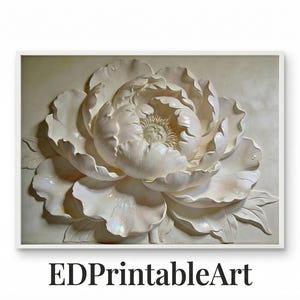 May include: A framed artwork depicting a large, white peony flower in relief. The petals have a textured, layered appearance with subtle iridescent highlights. The artwork is set against a neutral background and framed in white. The text "EDPrintableArt" is at the bottom.